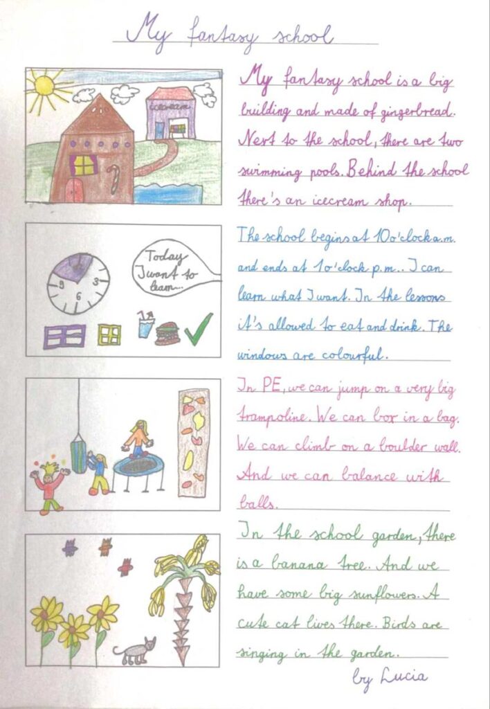 Handgezeichnete Schulprojektskizzen von bunten Klassenzimmern