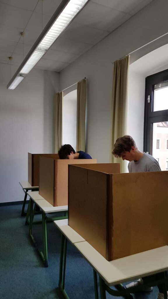 Zwei junge Männer in Wahlkabinen wählen
